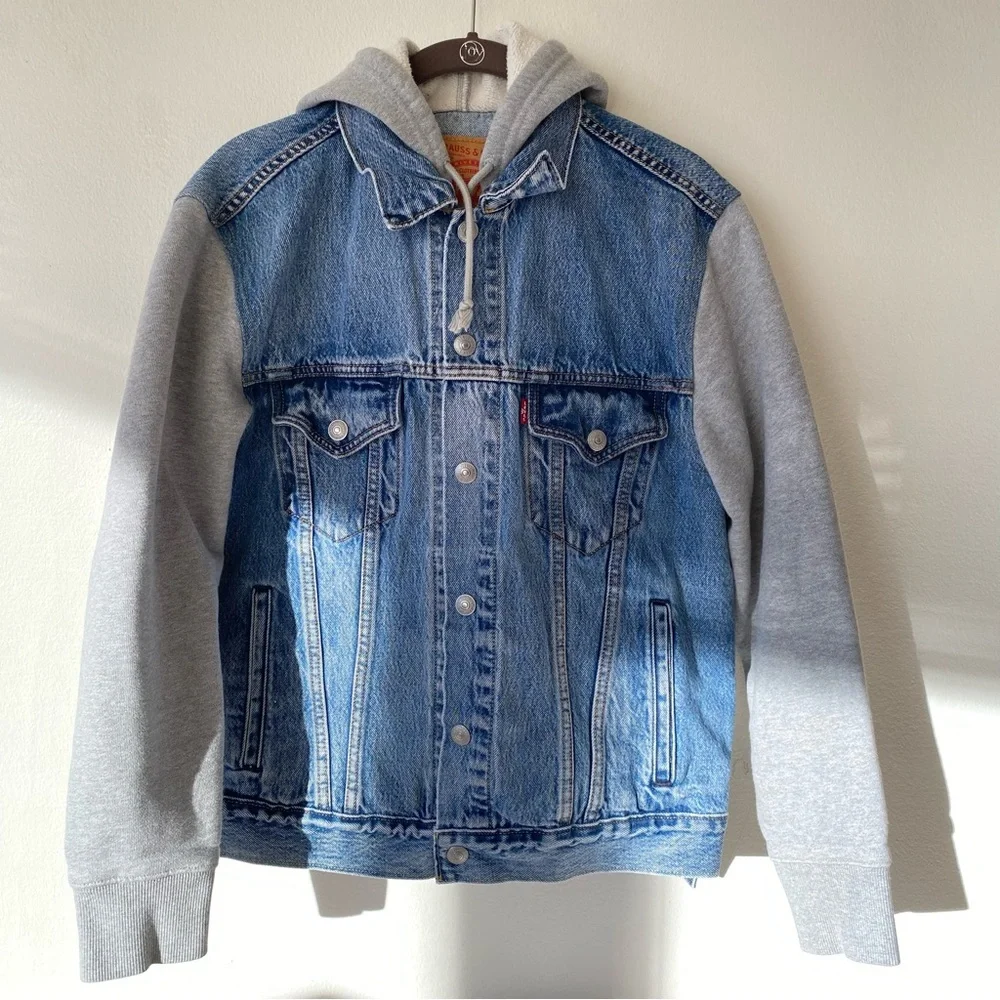 Levi’s Women's Hybrid Denim Hoodie Trucker Jacket Blue Gray 100% Cotton size S - Picture 3 of 10